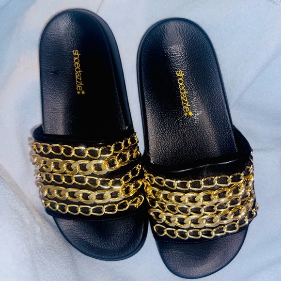 Shoe Dazzle Black Sandals / slides with Gold Chain Accents - Picture 1 of 5